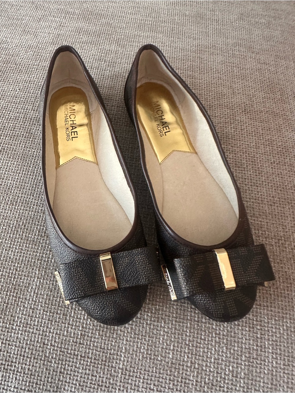 Michael Kors Brown Logo Bow Flats with Gold Accent